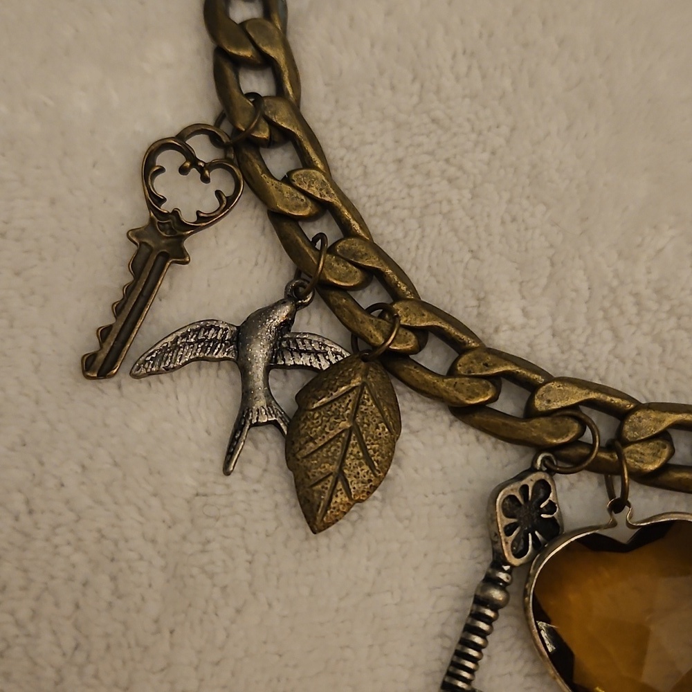 Vintage Bronze Heart Key Bird Leaves Charm Boho Chain Necklace - Picture 3 of 8